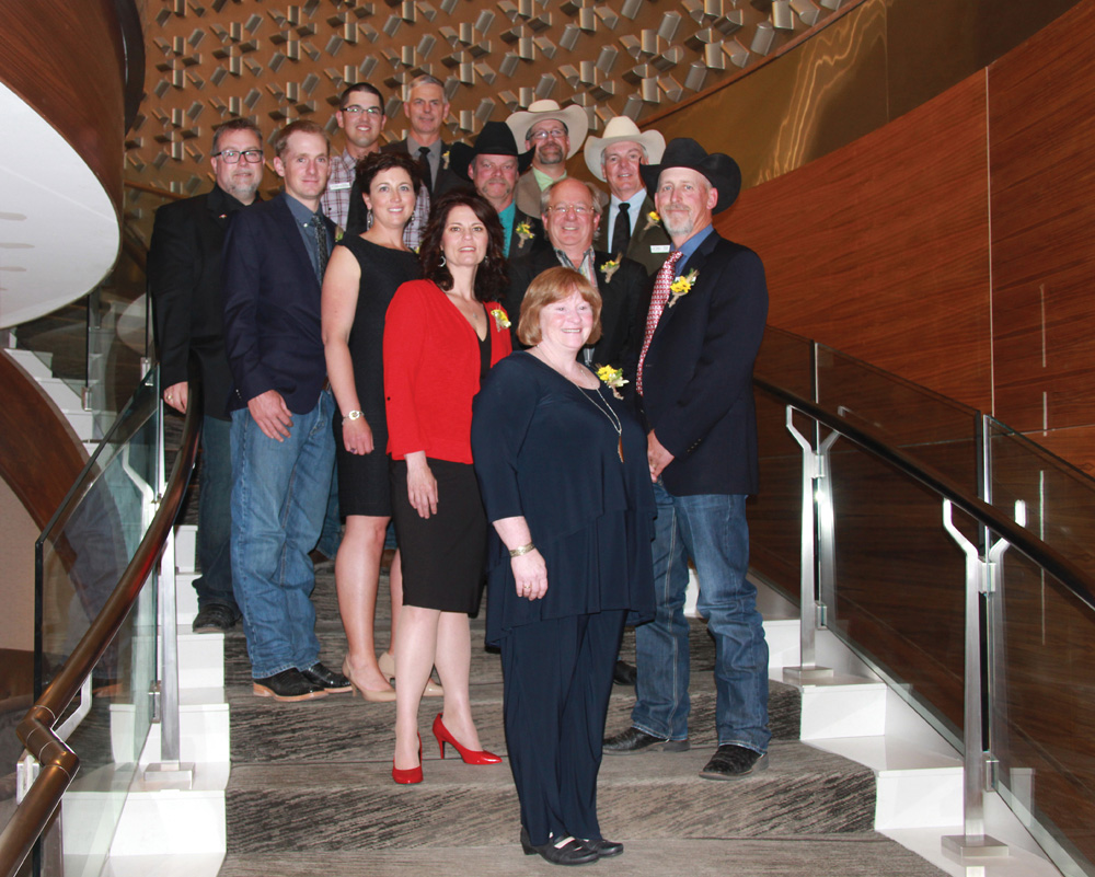 The Canadian Angus Assoc. board of directors  (l to r): Rob Smith (CAA CEO); Ryan Currie (Que.); Shawn Birmingham (Man.); Tracey Willms (Sask.); Dave Johnson (Sask.); Corinne Gibson (Sask.); Trevor Welch (Maritimes); Brett Wildman (Alta.); Bob Hahn (Alta.); Tammi Ribey (Ont.); Doug Reid (Alta.) and David Sibbald (Alta.).