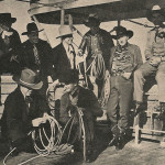 Canadian and American contest cowboys aboard the “Aorangi” en route to Sydney, Australia a few years ago to participate in rodeo events. Left to right, foreground: Oral Zunnwalt, Montana; Mel Stonehouse, Wyoming; back, Milt Moe, Oklahoma; Jack Wade, Alberta; Alvin Gordon, California; Clark Lund, Fran McDonald and Herman Linder, all of Alberta.