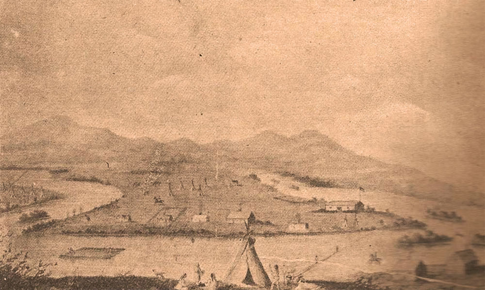 Calgary in 1875 from a painting by an old trader. This photo in a Calgary Special Edition of “The Dominion Illustrated” published in Toronto, June 28th, 1890.