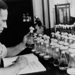 A process to mass-produce penicillin was discovered by USDA scientist Andrew Moyer, shown here in his lab in Peoria, Ill. (Photo courtesy ARS/USDA)