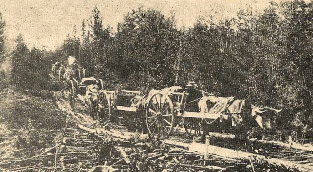 Before the coming of the railroads, Red River cart brigades conveyed freight 900 miles from Fort Garry (Winnipeg) over the Great Trail to Edmonton.