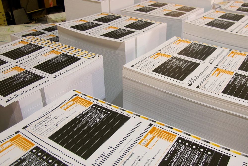 Ballots at the printing press on Sept. 7 ahead of New Brunswick’s Sept. 24 election. (Photo courtesy Elections New Brunswick)
