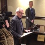 Agriculture Minister Gerry Ritz (with Pulse Canada CEO Gord Bacon at right) pledges expanded and more frequent reporting from the federal Grain Monitoring Program. (Dave Bedard photo)