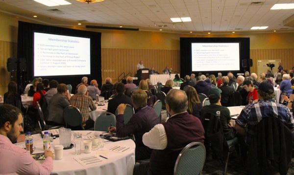 Farmers and ag industry representatives listen to GWU president Gerry Gault at Wednesday’s Grain Handling and Transportation Summit in Saskatoon. (Lisa Guenther photo)
