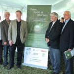 Speakers at the Farm, Food and Beyond press conference (r to l): Alan Kruszel, OSCIA; Dr. Gord Surgeoner, Sustainable Farm Coalition; John Maaskant, Farm and Food Care Ontario; Robert Cash, the Provision Coalition; Don McCabe, OFA; Scott Graham, Presidents’ Council; and Lorne Small, CFFO. (Ralph Pearce photo)