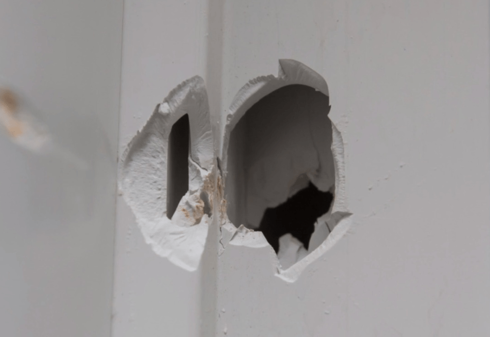 The Manitoba Wildlife Federation points to this bullet hole in a rural northwestern Manitoba home as an example of the risks to the public from unchecked night hunting. (MWF.mb.ca/Nightwatch)
