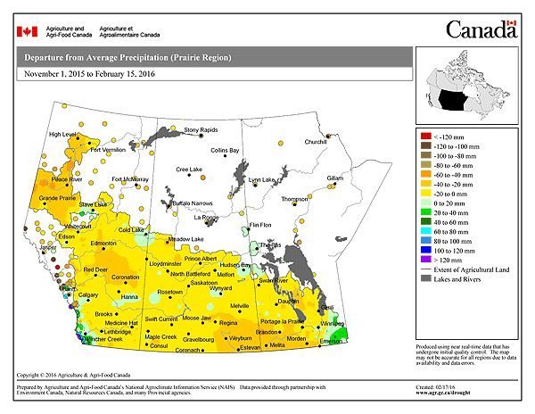 Departure from average precipitation for the period from Nov. 1, 2015 to Feb. 15, 2016. (Map courtesy AAFC)
