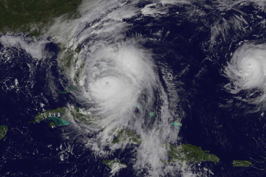 A satellite view of Hurricane Matthew at about 1 p.m. ET on Oct. 6, as the hurricane regained Category 4 status. (NASA/NOAA GOES Project)
