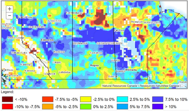 Soil moisture (top five cm of soil) on Prairies for November 2016, measured as difference from average. (AAFC Drought Watch map)
