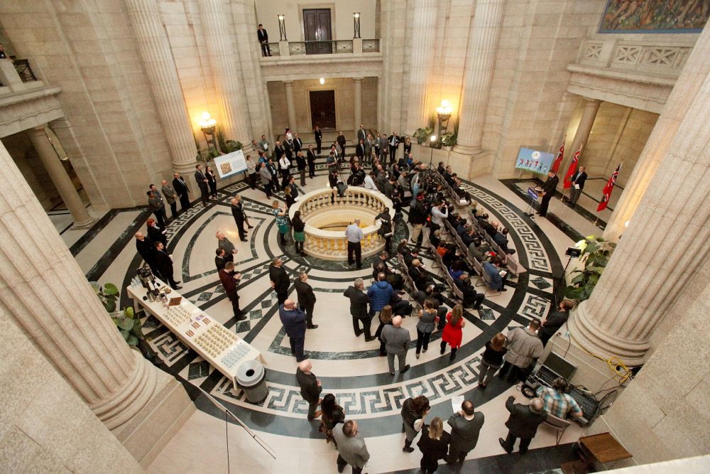 Officials from Roquette and the Manitoba government announced plans for the company’s new pea processing plant on Jan. 18 at the provincial Legislative Building. (Shannon VanRaes photo)
