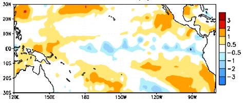 Sea surface temperature anomalies in degrees Celsius for the week centred on Feb. 1, 2017. (CPC.ncep.noaa.gov)
