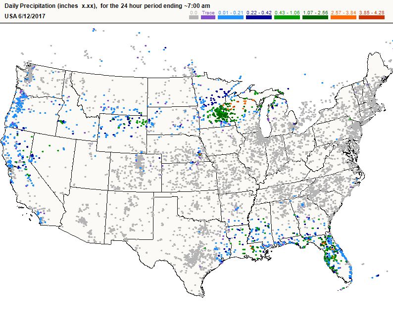 CocoRaHS’ precipitation map of the U.S. for the 24 hours ending at 7 a.m. June 12. (Cocorahs.org)
