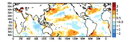 Averaged global sea surface temperature anomalies (in degrees Celsius) for the week centred on May 2, 2018. (NOAA Climate Prediction Center graphic)
