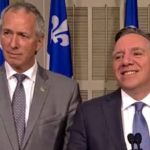 Point de presse de M. François Legault, chef du deuxième groupe d’opposition, et M. André Andre Lamontagne, shown here at left at a press conference in May 2017 with CAQ leader Francois Legault, is Quebec’s new agriculture minister. (Video screengrab from AssNat.qc.ca)