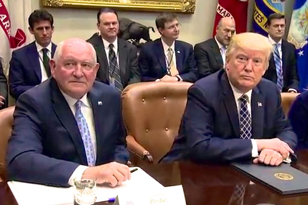 U.S. President Donald Trump and Agriculture Secretary Sonny Perdue participate in a farmers’ roundtable event April 25, 2017 at the White House. (Video screengrab from WhiteHouse.gov)
