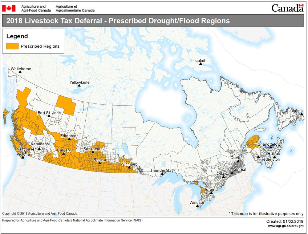 Agriculture and Agri-Food Canada’s final map of designated areas for the livestock tax deferral provision for the 2018 tax year, as of Jan. 30, 2019. (Agr.gc.ca)
