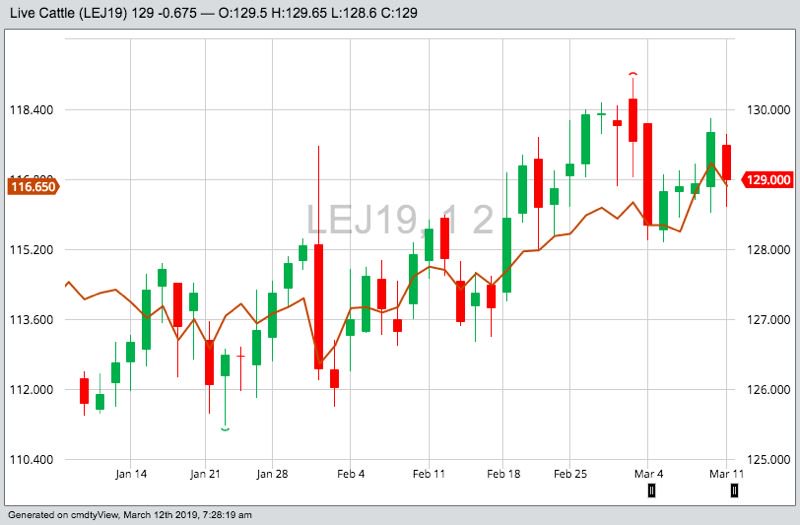 CME April 2019 live cattle, with August 2019 live cattle in brown. (Barchart)
