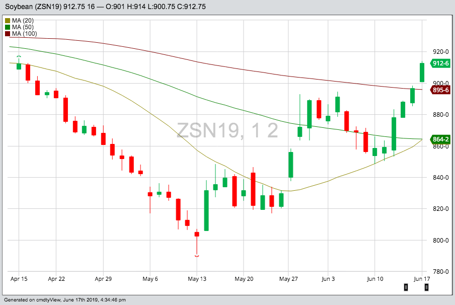 CBOT July 2019 soybeans with 20-, 50- and 100-day moving averages. (Barchart)

