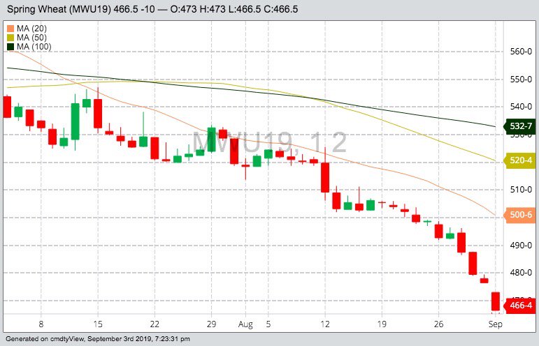 MGEX September 2019 spring wheat with 20-, 50- and 100-day moving averages. (Barchart)
