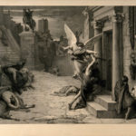 The angel of death striking a door during the plague of Rome. Engraving by Levasseur after J. Delaunay.