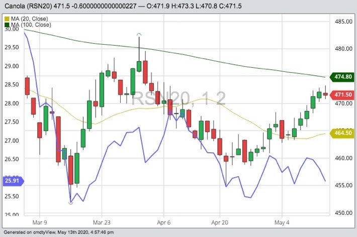 ICE July canola with 20- and 100-day moving averages and CBOT July 2020 soyoil (blue line). (Barchart)
