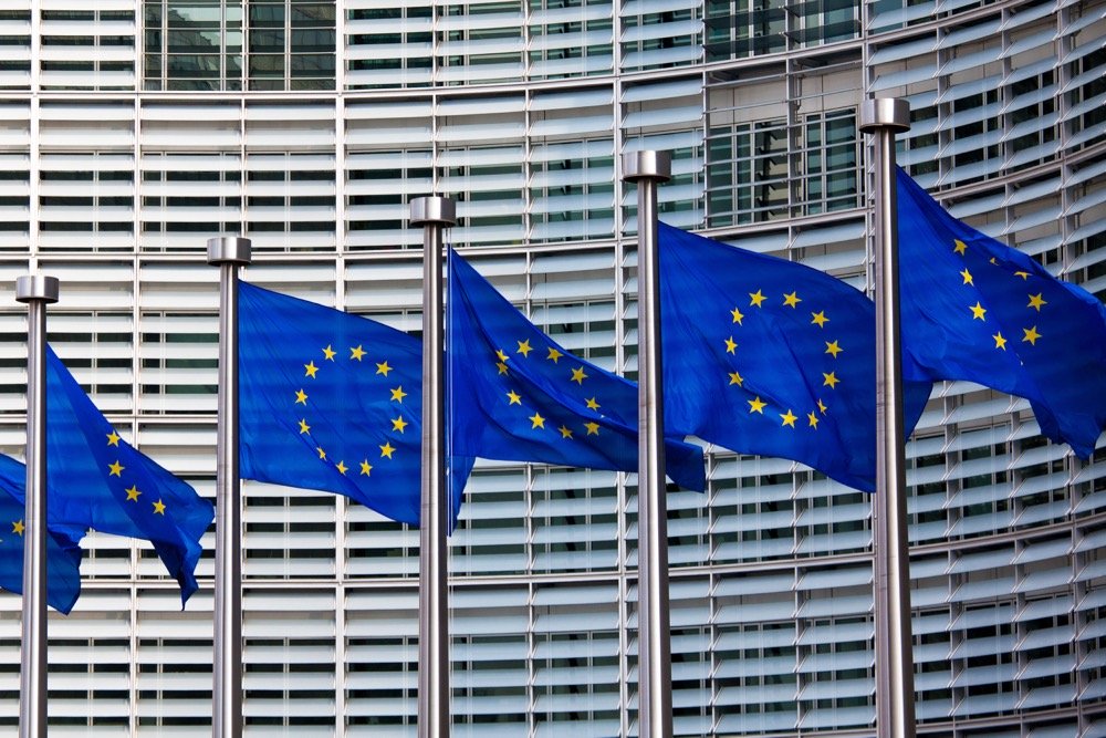 EU flags in front of the headquarters of the European Commission in Brussels. (Jorisvo/iStock/Getty Images)

