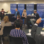 Deborah Yedlin, chancellor at the U of C, moderates a panel during the Simpson Centre announcement. L to R: Dr. Eugene Beaulieu, School of Public Policy, U of C; Fawn Jackson, government and international relations, Canadian Cattlemen’s Association; Dr. Ryan Cardwell, department of agricultural economics, University of Manitoba.