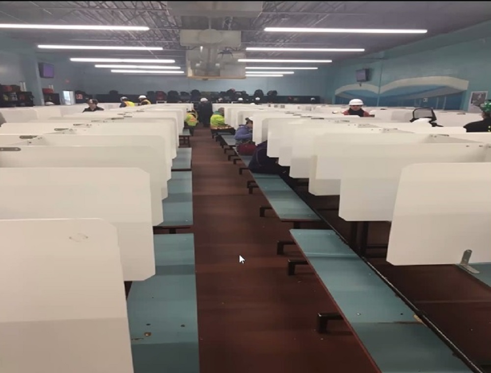 Cubicles installed in the break room of Cargill's High River plant to curtail COVID-19's spread among staff, taken from a company presentation during a town hall. 