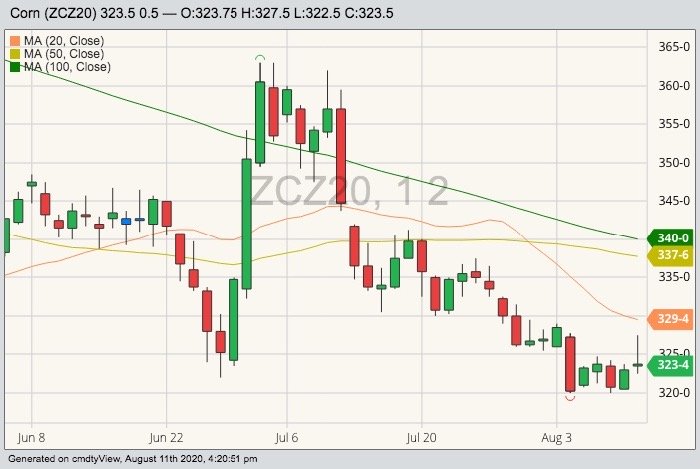CBOT December 2020 corn with 20-, 50- and 100-day moving averages. (Barchart)
