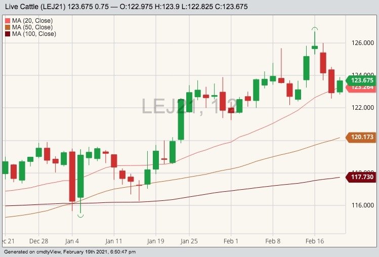 CME April 2021 live cattle with 20-, 50- and 100-day moving averages. (Barchart)
