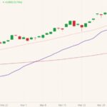 CME June 2021 lean hogs (candlesticks) with 20- and 100-day moving averages (pink, red lines) and CME lean hog index (purple line). (Barchart)