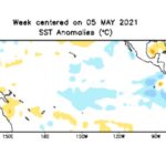 Average sea surface temperature anomalies over the equatorial Pacific Ocean for the week centred on May 5, 2021 compared to 1981-2010 base period. (CPC.ncep.noaa.gov)