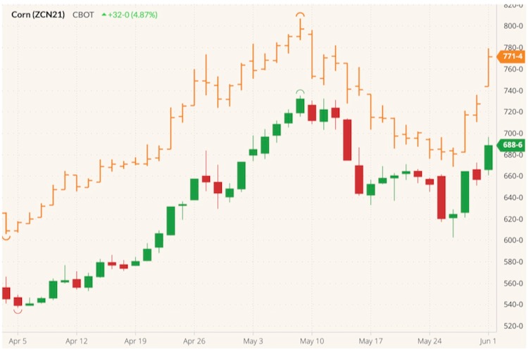 CBOT July 2021 corn (candlesticks) with MGEX July 2021 spring wheat (orange open/high/low/close). (Barchart)
