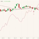 CME August 2021 live cattle (candlesticks) with 20- and 100-day moving averages (dark red and black lines) and CME July 2021 lean hogs (pink line). (Barchart)