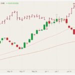 CME August 2021 lean hogs (candlesticks) with 20- and 50-day moving averages (pink and brown lines) and August 2021 live cattle (red open/high/low/close). (Barchart)