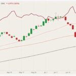 CME August 2021 lean hogs (candlesticks) with 20-, 50- and 100-day moving averages (pink, brown and black lines) and August 2021 live cattle (dark red line). (Barchart)
