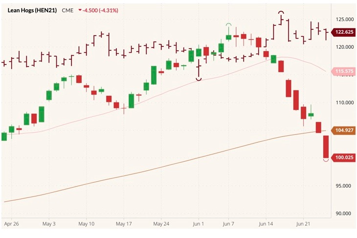 CME July 2021 lean hogs (candlesticks) with 20- and 100-day moving averages (pink and brown lines) and August 2021 live cattle (dark red open/high/low/close). (Barchart)
