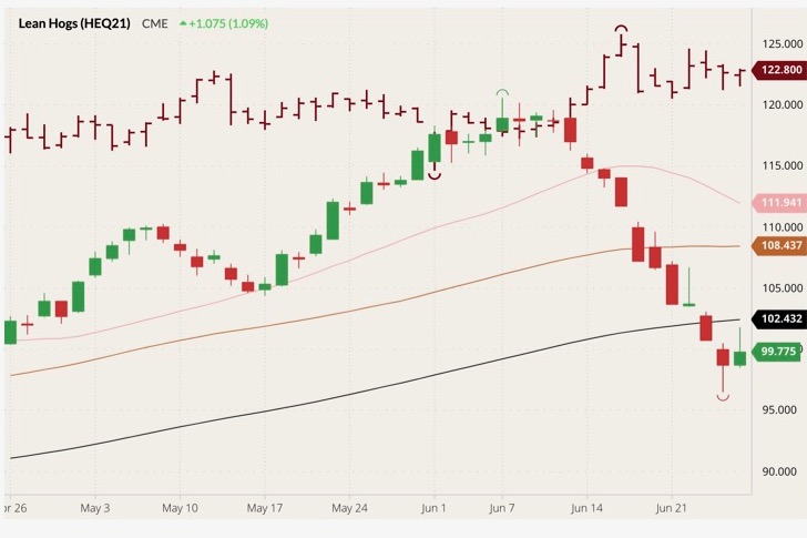 CME August 2021 lean hogs (candlesticks) with 20-, 50- and 100-day moving averages (pink, brown and black lines) and August 2021 live cattle (dark red open/high/low/close). (Barchart)

