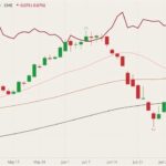 CME August 2021 lean hogs (candlesticks) with 20-, 50- and 100-day moving averages (pink, brown and black lines) and August 2021 live cattle (dark red line). (Barchart)