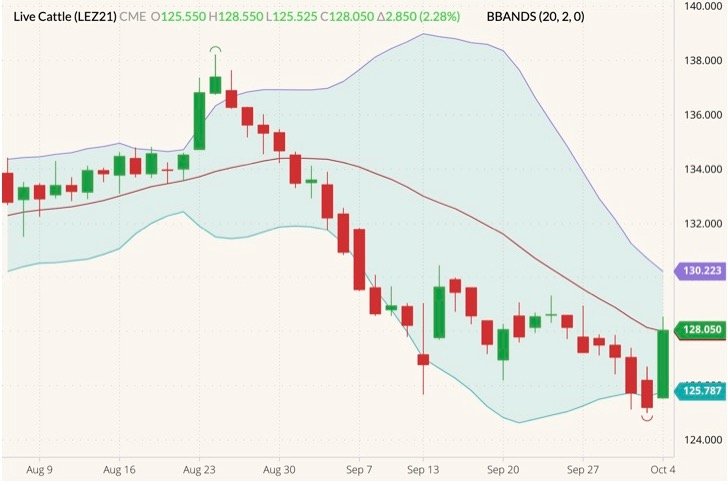 CME December 2021 live cattle (candlesticks) with Bollinger bands (20,2). (Barchart)
