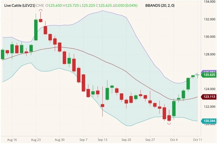CME October 2021 live cattle (candlesticks) with Bollinger bands (20,2). (Barchart)
