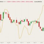 CBOT November 2021 soybeans (candlesticks) with ICE November 2021 canola (yellow line, left column). (Barchart)