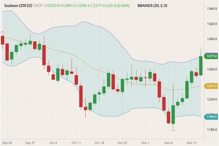 CBOT January 2022 soybeans (candlesticks) with Bollinger bands (20,2). (Barchart)
