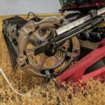 A promotional photo of a MacDon FD2 FlexDraper header in a soybean field in Montana. (FD2.Macdon.com)