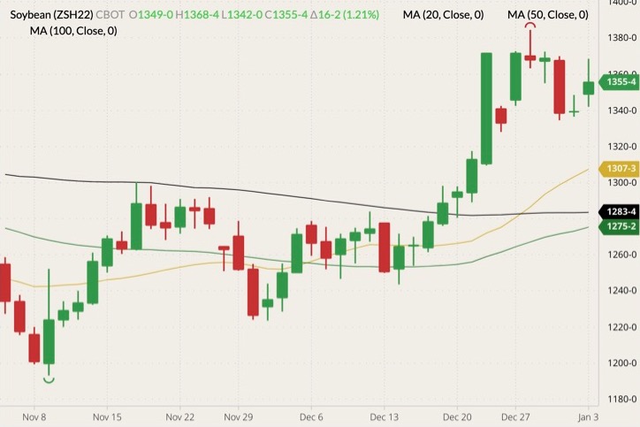 CBOT March 2022 soybeans (candlesticks) with 20-, 50- and 100-day moving averages (yellow, green and black lines). (Barchart)
