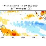 Pacific sea surface temperature anomalies in degrees Celsius for the week centred on Dec. 29, 2021. (CPC.ncep.noaa.gov)