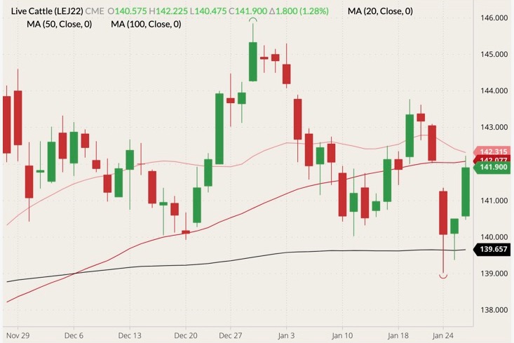 CME April 2022 live cattle (candlesticks) with 20-, 50- and 100-day moving averages (pink, dark red and black lines). (Barchart)
