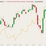 ICE March 2022 canola (candlesticks, right column) with November 2022 canola (yellow line, left column). (Barchart)