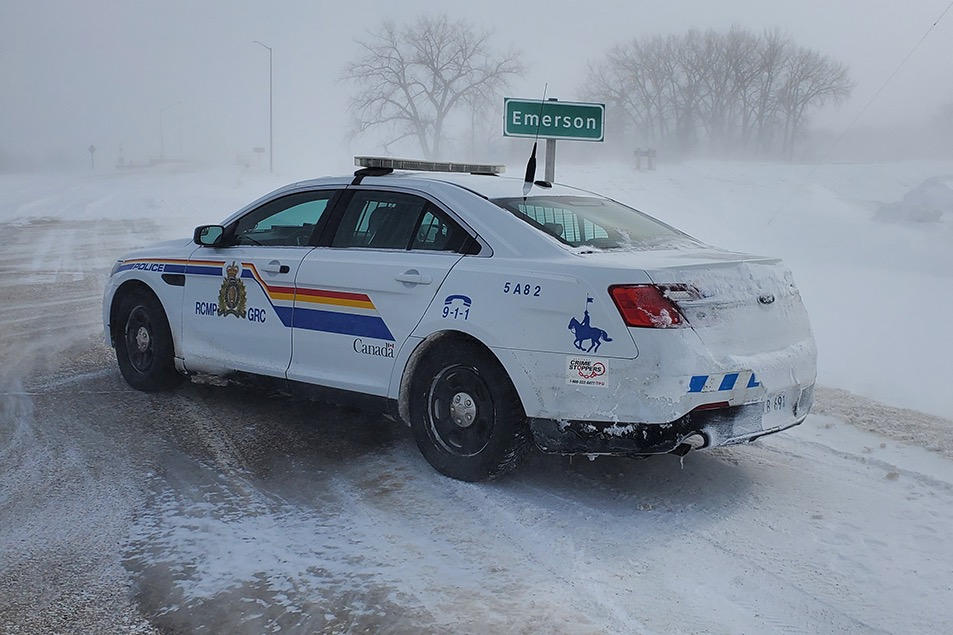 Photo of an RCMP vehicle attending the blockade at Emerson, Man. dated Feb. 11, 2022. (Photo courtesy Manitoba RCMP)
