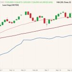 CME June 2022 lean hogs (candlesticks) with 20- and 50-day moving averages (pink and dark red lines) and CME’s cash lean hog index (blue line). (Barchart)